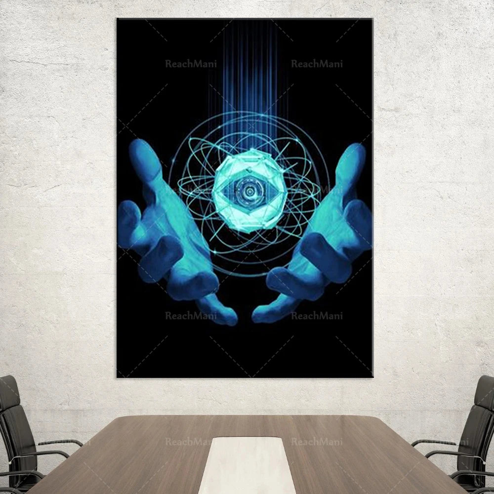 Une image abstraite montrant des mains tenant un élément central lumineux et géométrique sur un fond sombre avec des lignes et des formes géométriques.