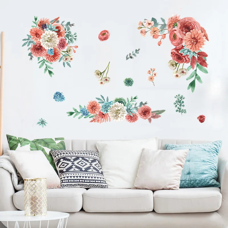 sticker mural fleurs art floral adhésif rose blanc vert bleu 30cm 90cm 68cm 50cm