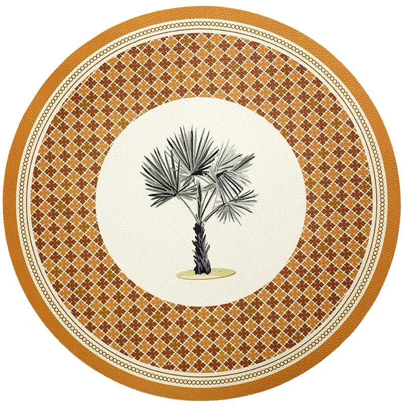 placemat rond vert blanc doré palmiers singes botanics assiette fourchette pain verre vin livre