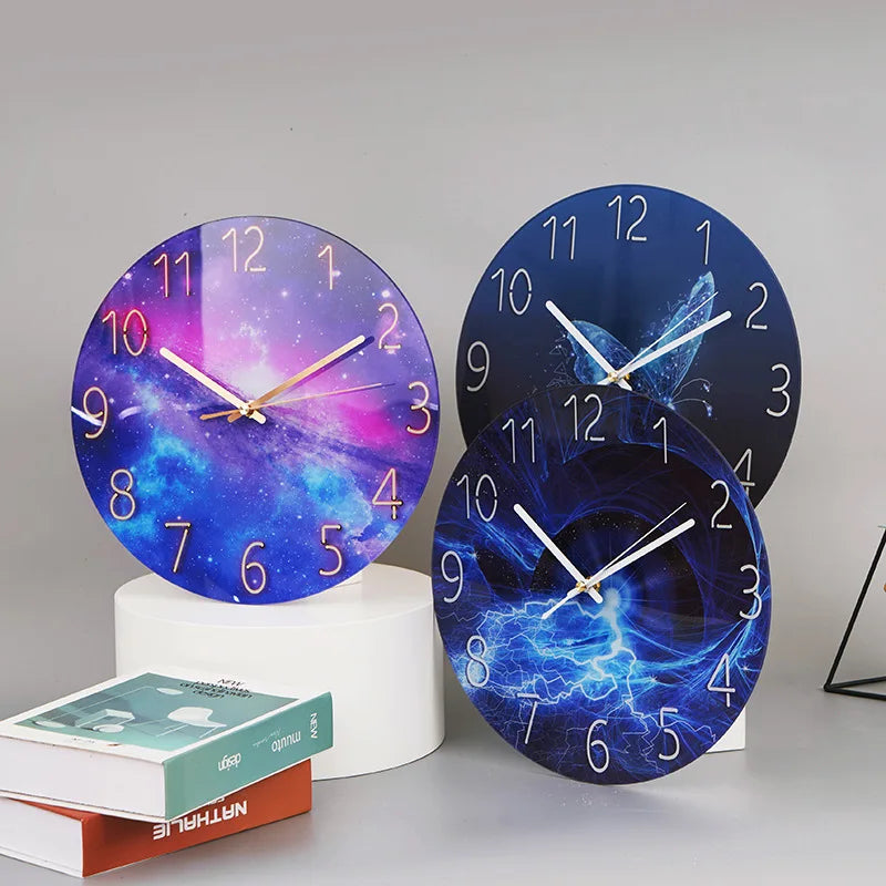 horloge murale moderne motif galactique bleu violet blanc quartz aiguille decoration intérieure unique visage