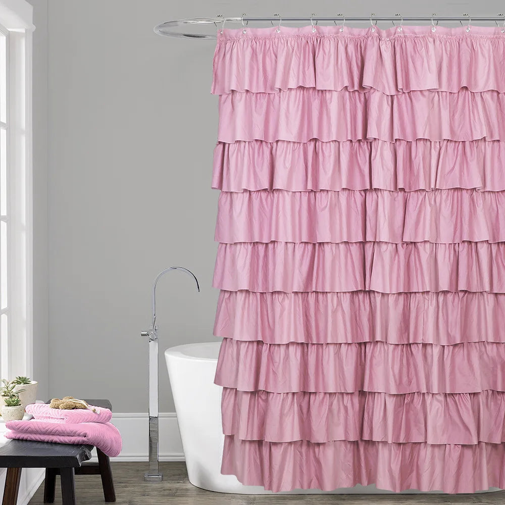 rideau douche rose gris blanc volants polyester classique opacité anneaux métalliques machine laver respectueux