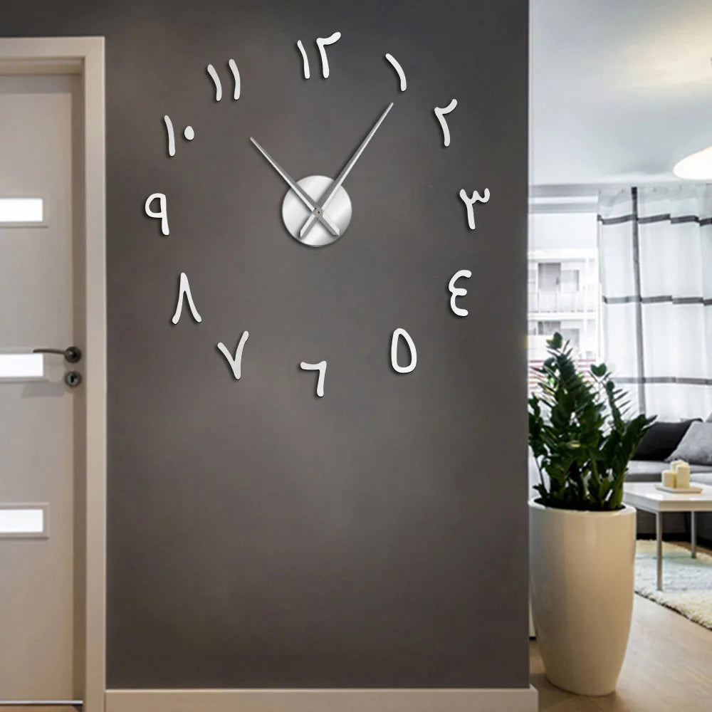 horloge murale moderne chiffres arabes acrylique argent doré noir autocollants grande taille