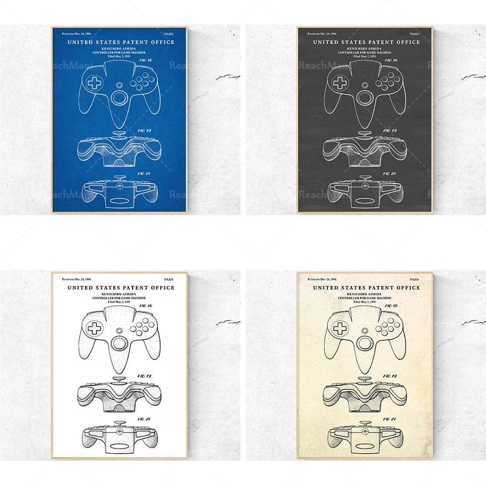 Quatre brevets déposés aux États-Unis pour des manettes de jeu vidéo, présentant des illustrations techniques détaillées des contrôleurs.