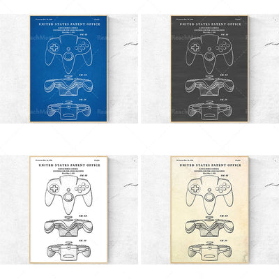 Quatre brevets déposés aux États-Unis pour des manettes de jeu vidéo, présentant des illustrations techniques détaillées des contrôleurs.
