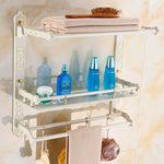 étagère salle bain blanc doré ornements sculptés finition art déco porte serviettes savon brosse