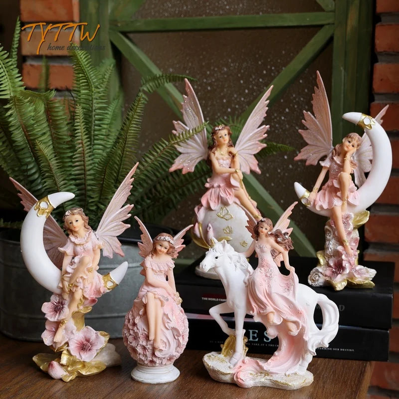 statues décoratives fées résine fleurs strass rose blanc doré fantaisie populaire