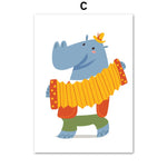 Une illustration de rhinocéros jouant de l'accordéon de manière ludique et colorée.