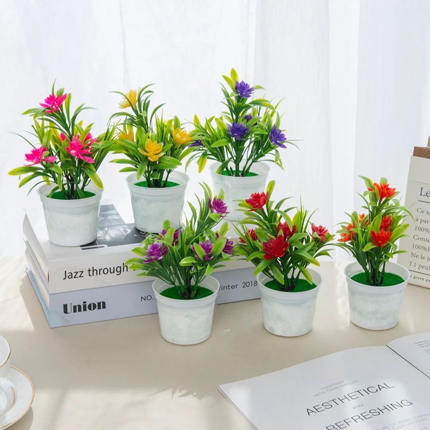 Décoration intérieure moderne plante artificielle pot blanc feuilles vertes fleurs multicolores minimaliste