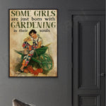 Toile d'art vintage illustration femme jardinage pots fleurs pelle verte beige noire blanche