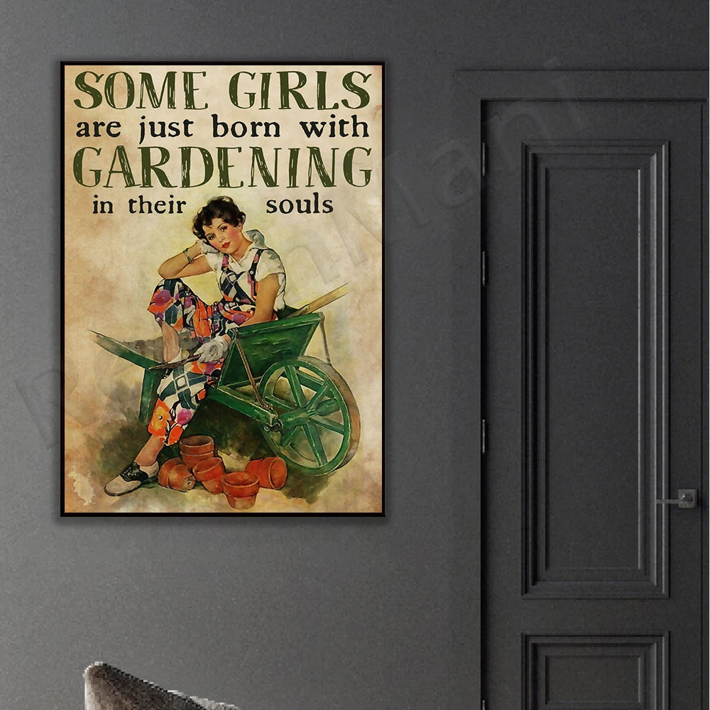Toile d'art vintage illustration femme jardinage pots fleurs pelle verte beige noire blanche