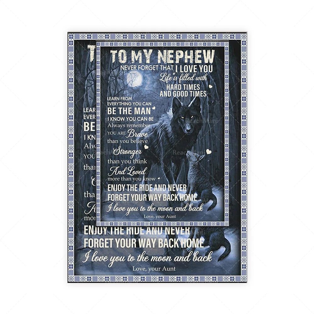 Cette image représente un loup noir avec des yeux brillants dans un paysage nocturne, entouré d'un cadre décoratif. Elle transmet un message d'encouragement et d'amour d'une tante à son neveu, lui prodiguant des conseils pour affronter les moments difficiles de la vie.