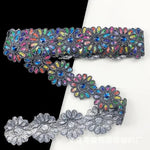 ruban décoratif fleurs strass brodé polyester rose bleu orange jaune marron opacité 6cm large
