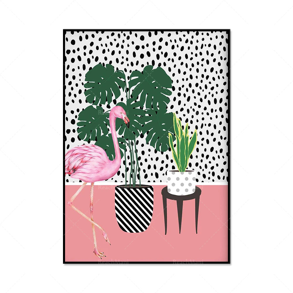 Cette affiche présente un flamant rose entouré de feuillage tropical sur un fond blanc et noir à pois.