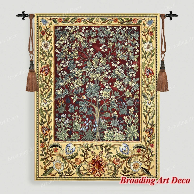 tapisserie murale coton art nouveau floral arbres feuillage oiseau bleu foncé vert beige