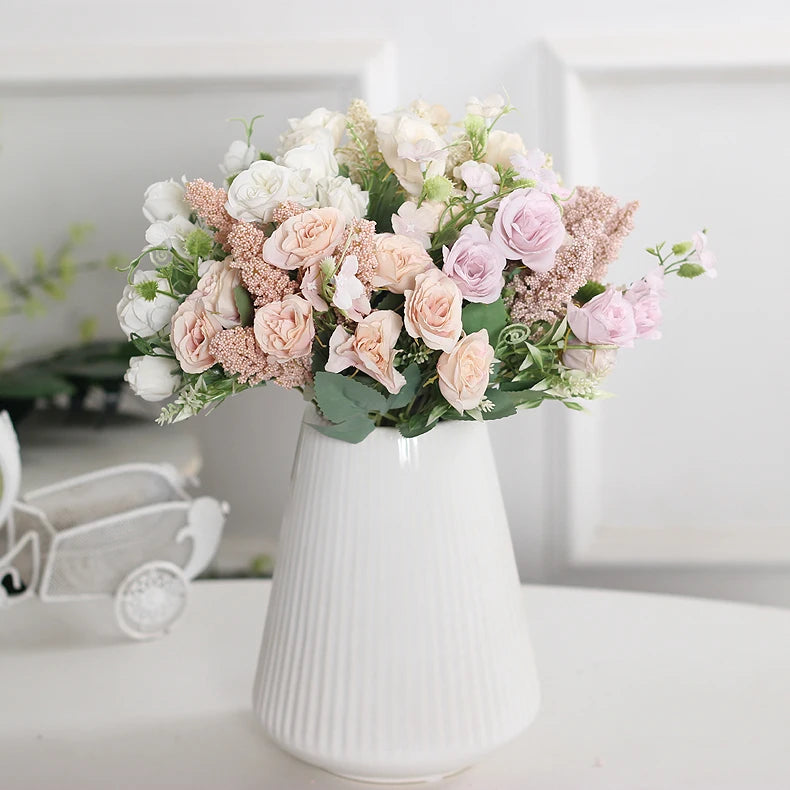 bouquet artificiel fleurs pompons rose clair vert pastel moderne intérieur anniversaire décoration maison