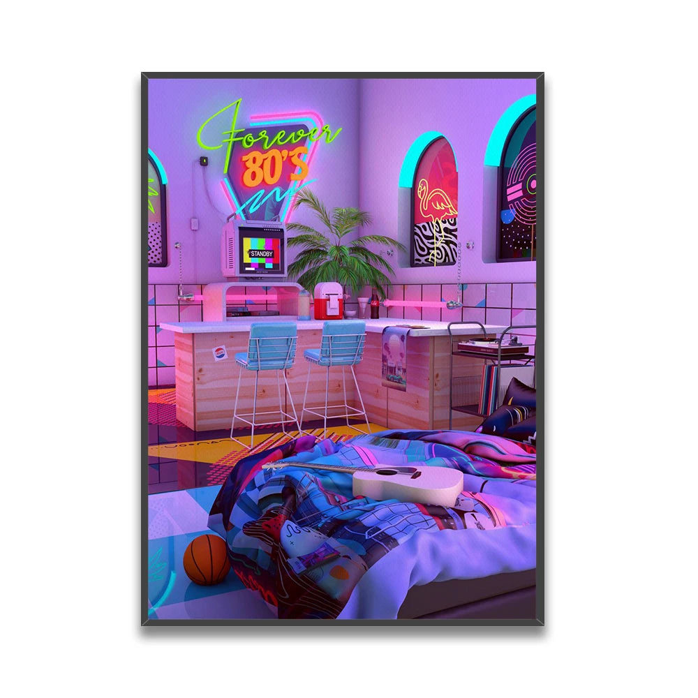 Une chambre aux couleurs vives et rétro, avec une décoration inspirée des années 80, qui semble être un lieu de détente et de divertissement.