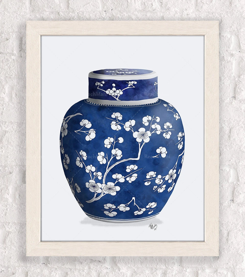 Élégant vase bleu décoré de fleurs blanches stylisées dans un motif floral gracieux.