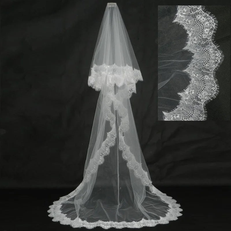voile mariée double couche tulle dentelle motifs floraux classique romantique blanc ivoire tringle métallique