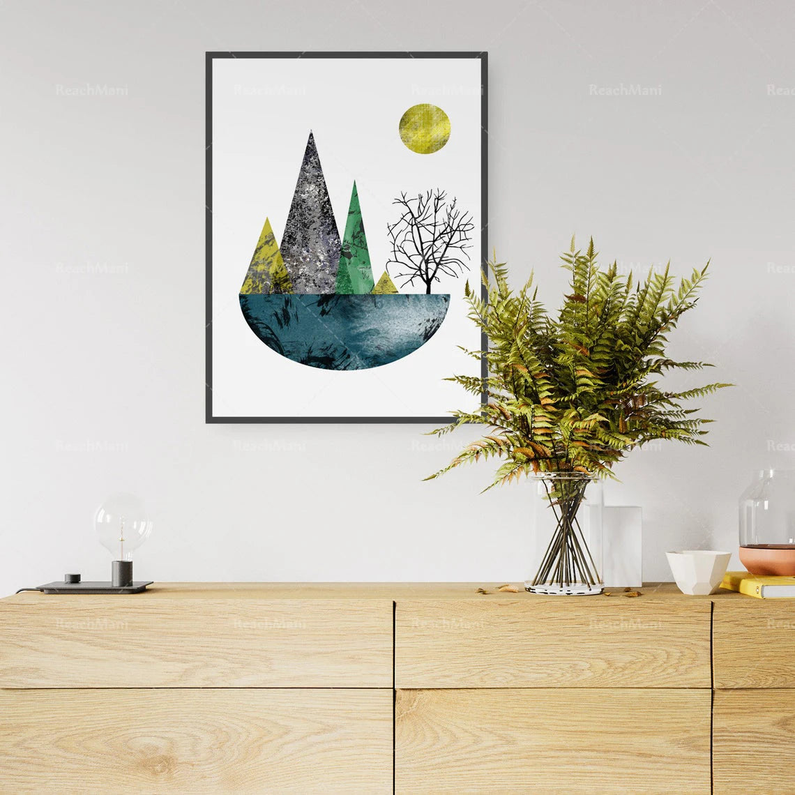 toile d'art paysage abstrait moderne minimaliste montagnes arbres soleil eau blanc gris vert bleu
