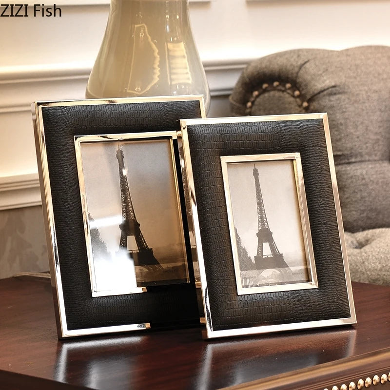 cadre photo simili cuir noir doré élégant decoration maison photo incluse classique métal alliage