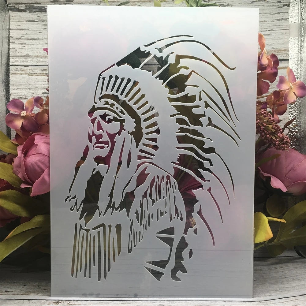 Stencil blanc portrait indien plumes art brut peinture bricolage scrapbooking album photo