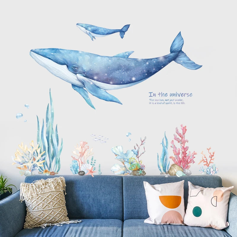sticker mural baleine marine corail étoile mer enfant aquatique aquarelle transparent adhésif
