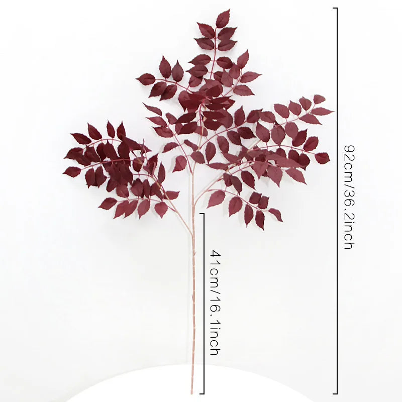 Bouquet artificiel feuilles simples moderne vase transparent hauteur 92cm rouge foncé vertclair blanc