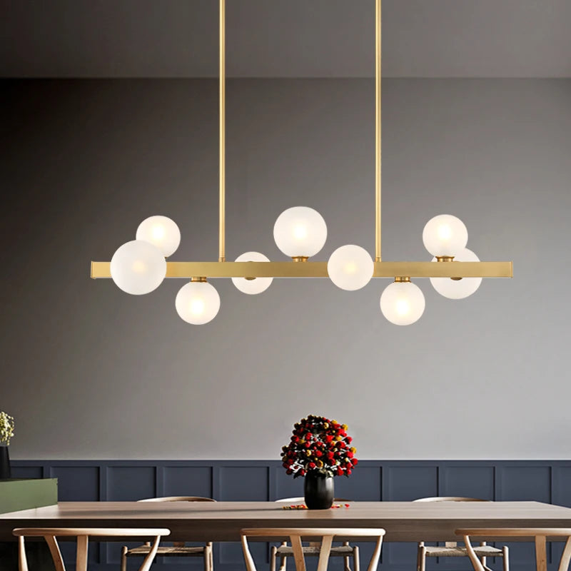 suspension lumineuse moderne or blanc boules translucides chaines interrupteur tactile