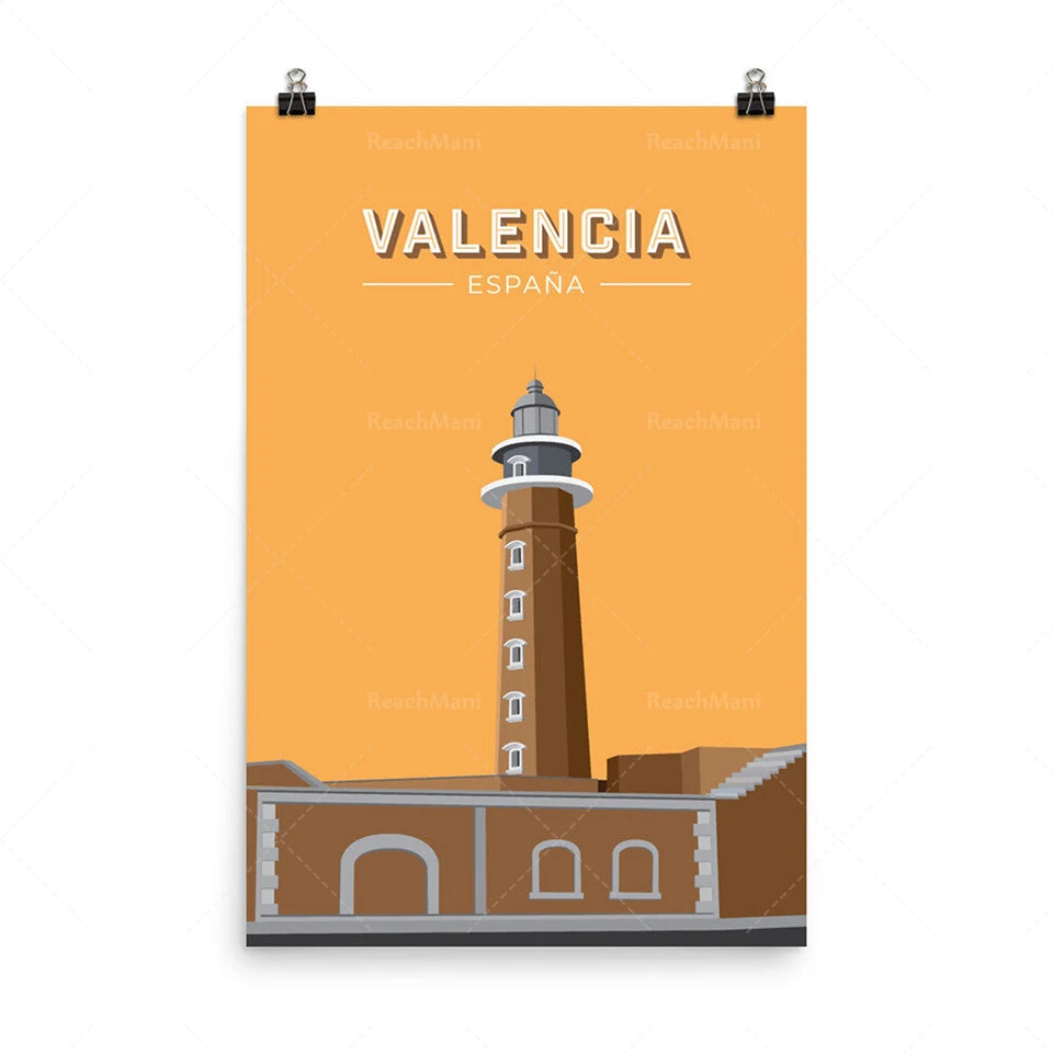 Affiche promotionnelle d'un phare emblématique de Valencia, Espagne, avec un style graphique minimaliste et des couleurs chaudes.