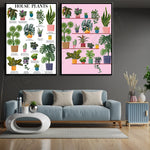 Un intérieur moderne et chaleureux avec des canapés gris, des plantes d'intérieur colorées et deux affiches informatives sur les différentes espèces de plantes d'intérieur.