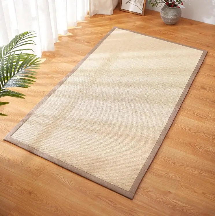 tapis fibre bambou moderne beige clair foncé tissage bordure contrastée salon maison