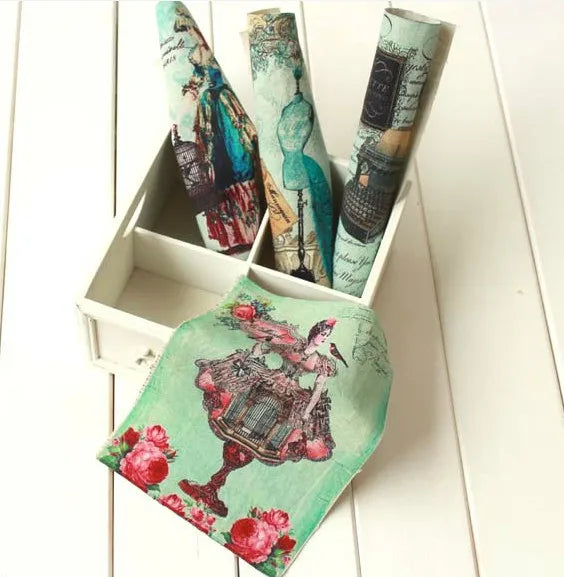 serviettes imprimées coton vintage oiseaux cages fleurs lettrage ancien vert bleu rouge beige