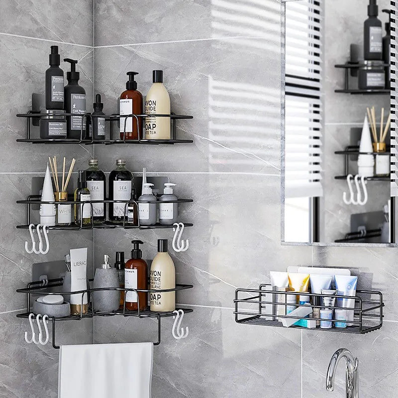 étagère salle bain moderne adhésive noir grille métallique rangement bouteilles cosmétiques flacons pots boîtes