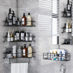 étagère salle bain moderne adhésive noir grille métallique rangement bouteilles cosmétiques flacons pots boîtes