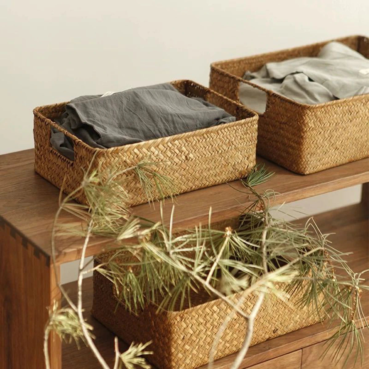 panier tissé marron clair rustique rangement stockage kitchen organizer respectueux environnement