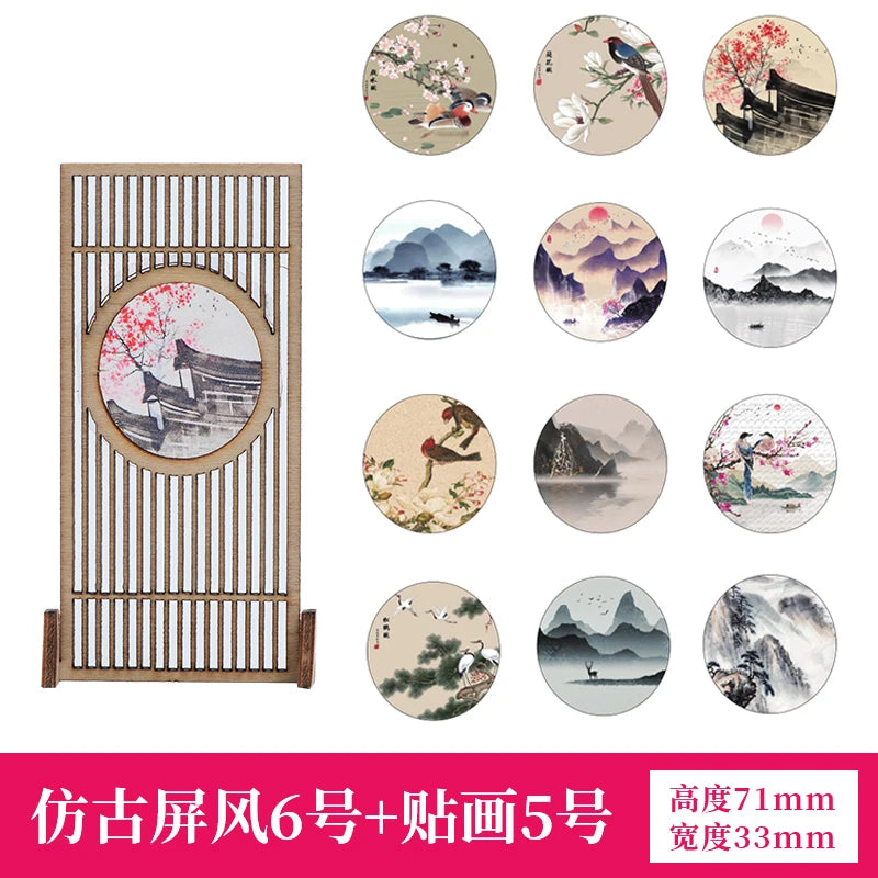 écran vintage bois chinois fleurs calligraphie stickers traditionnel intérieur décoration artisanale miniature