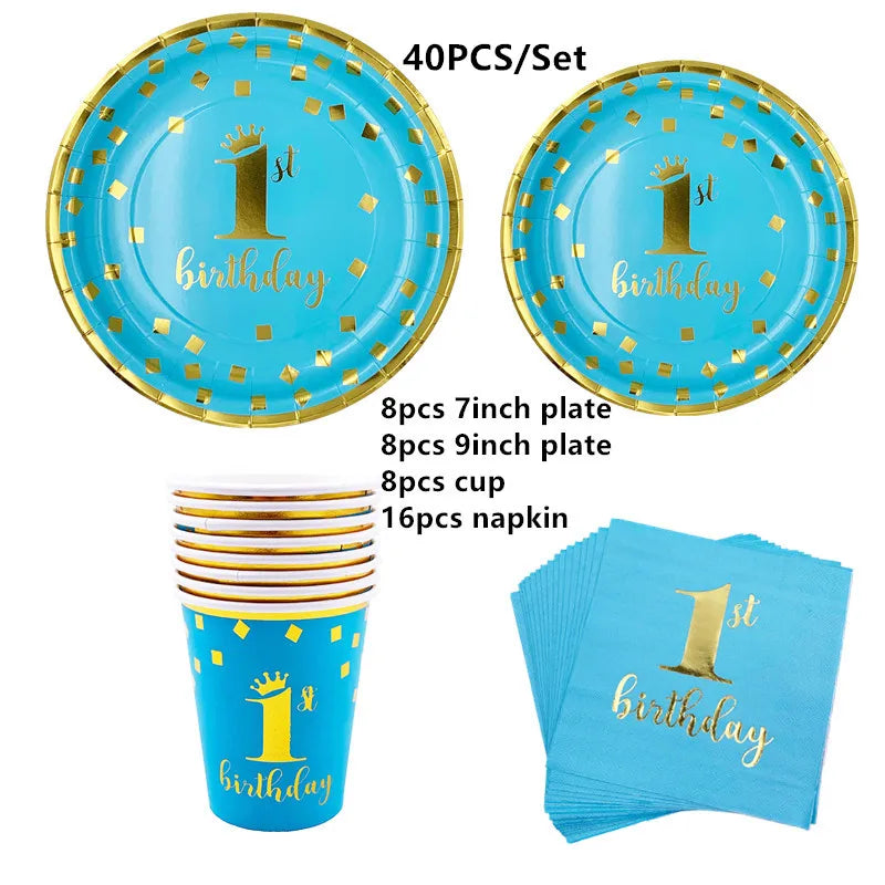 assiettes bleu clair anniversaire 1er anniversaire doré festif serviettes gobelets napkin tablecloth set festivités