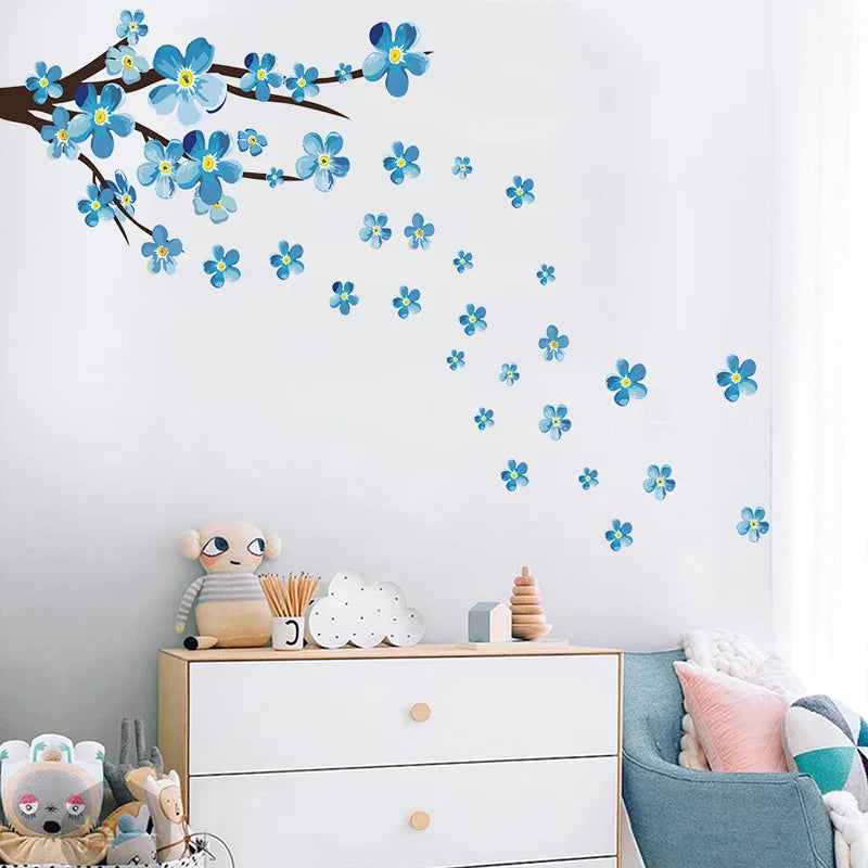 Stickers muraux adhésifs fleurs bleu blanches moderne décoration intérieure chambre salon 90x35cm