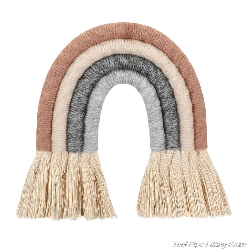 décoration murale arc ciel tissé franges boho chic marron beige bleu marine rose clair