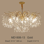 lustre moderne cristal K9 doré noir ampoules LED branches stylisées transparentes salon mariage