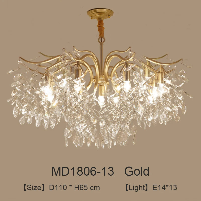 lustre moderne cristal K9 doré noir ampoules LED branches stylisées transparentes salon mariage