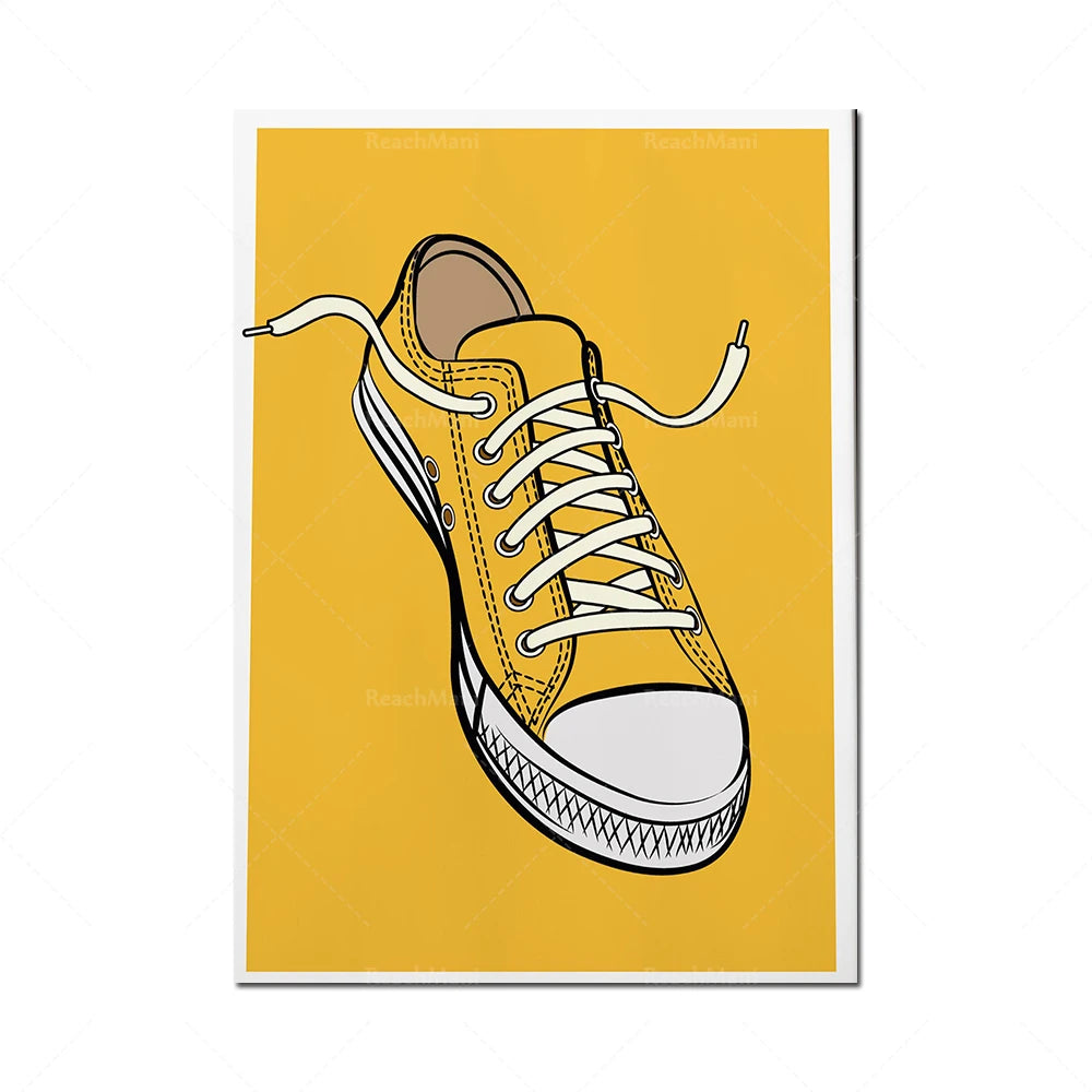 Illustration d'une chaussure de sport jaune, avec des lacets croisés et un style de tennis classique.