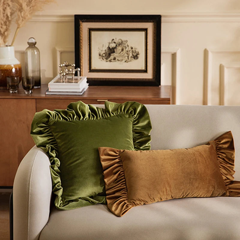 coussin velours fronces vert foncé orange moutarde élégant décoration salon canapé voiture 45x45cm