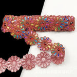 ruban décoratif fleurs strass brodé polyester rose bleu orange jaune marron opacité 6cm large