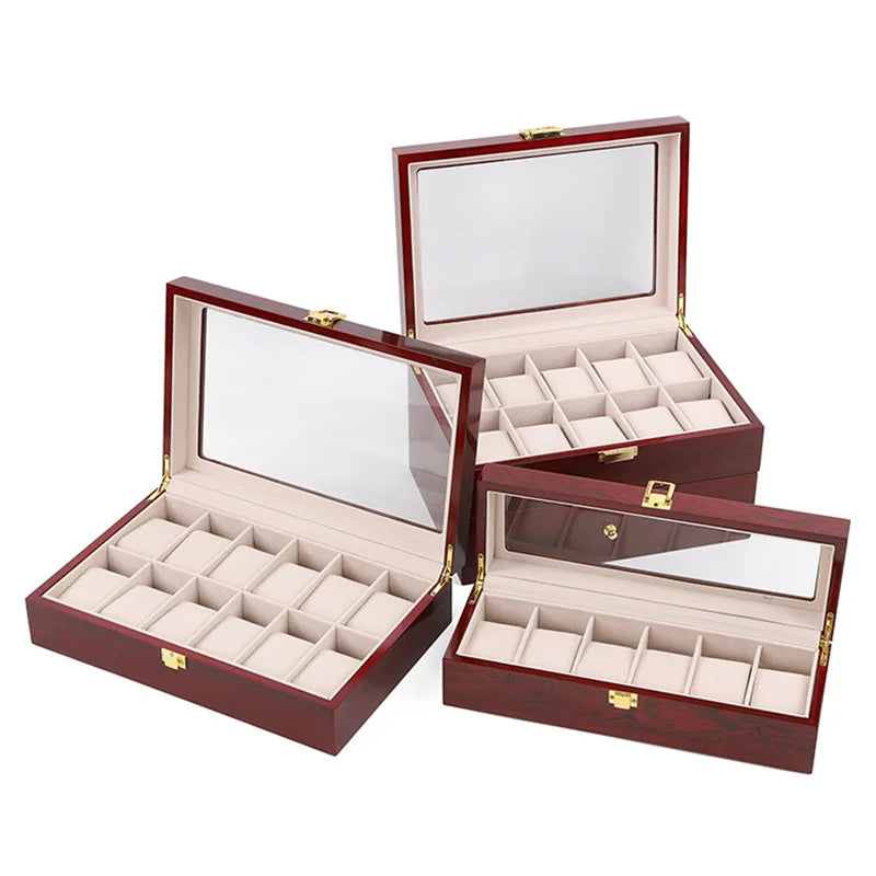 boîte montres rouge foncé bois velours classique cadenas doré places montres