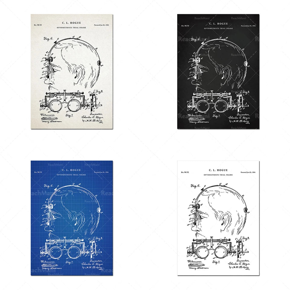 Quatre schémas de brevet pour un cadre de lunettes ophtalmiques détaillant la conception mécanique de l'appareil, avec des vues en plan et en élévation.