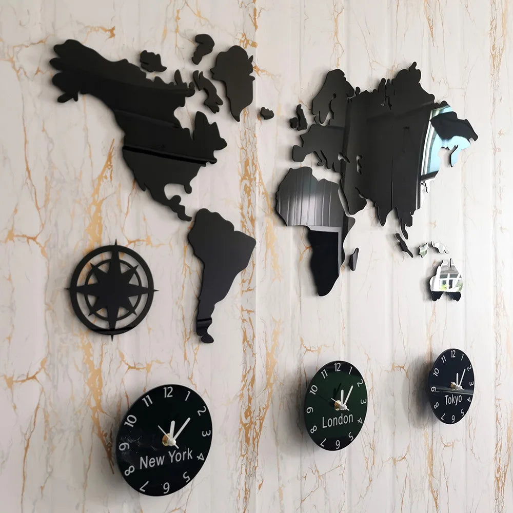 décoration murale carte monde horloges york londres tokyo boussole moderne géographique