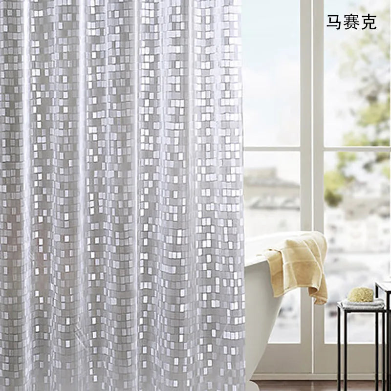 rideau douche moderne transparent gris clair blanc motifs géométriques anneaux métalliques respectueux environnement