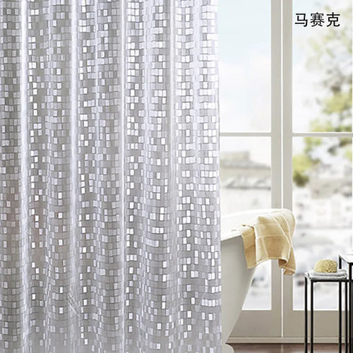 rideau douche moderne transparent gris clair blanc motifs géométriques anneaux métalliques respectueux environnement