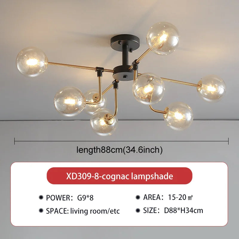 lampe suspension moderne sphères translucides structure dorée salon blanc nordique